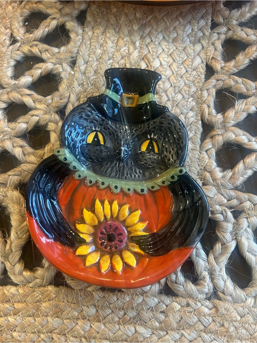 Hand-Painted Black Crow Ceramic Spoon rest with Orange and Yellow Accents